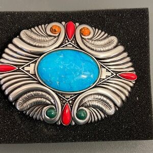 Tandy 4 feathers western style belt buckle faux turquoise silver tone in box